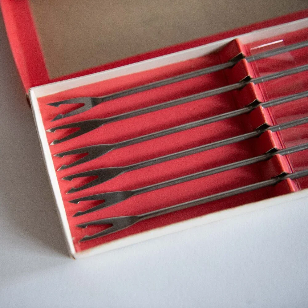 Vintage Oneida Mediterranea Stainless Steel Fondue Forks with Wood Handles